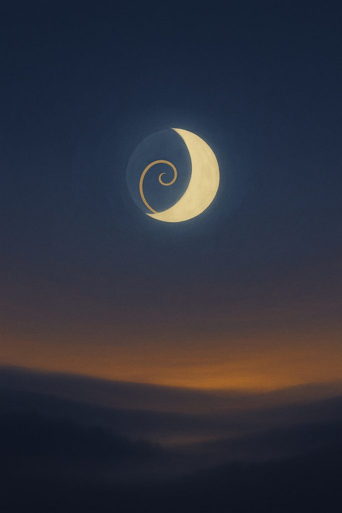A crescent moon nested in spiraling shadow glows above a mist-veiled horizon at dusk