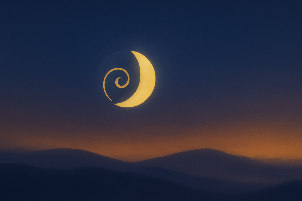 A digital painting shows a waxing crescent moon cradling a spiral, casting golden light above misty hills beneath an indigo sky. The image evokes unfolding insight and gentle motion.