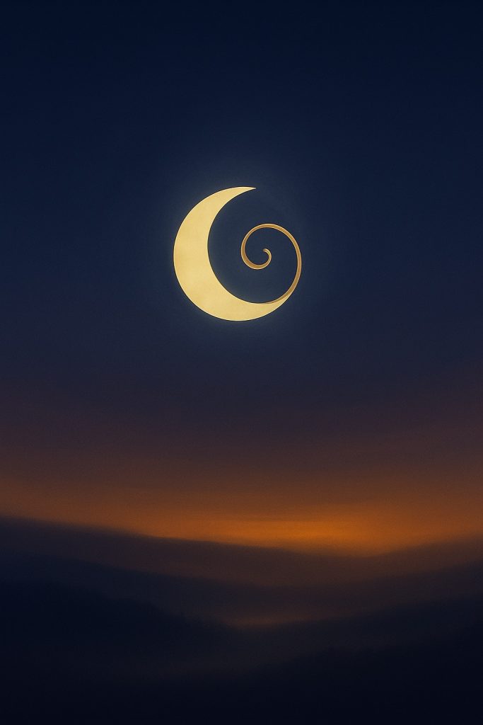 a digital painting depicts a crescent moon with a