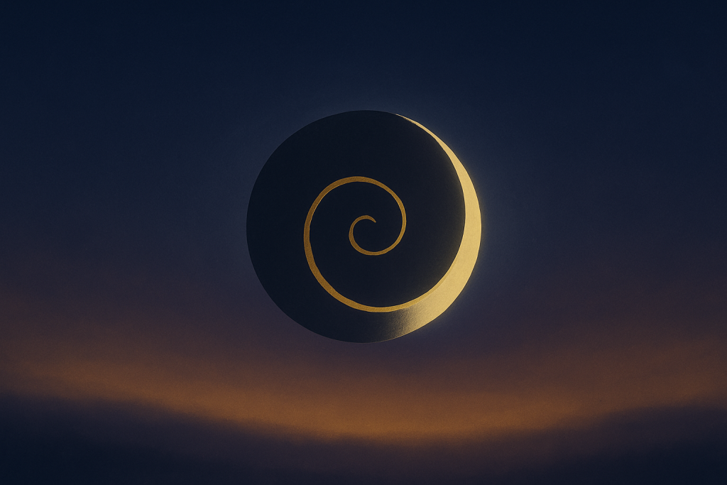 A digital painting features a golden crescent moon coiled around a spiral, rising over soft indigo mountains at dusk. The sky glows gently with twilight hues, symbolizing quiet beginnings.
