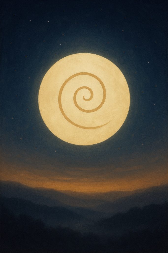 A golden full moon inscribed with a spiral rises over twilight mountains, stars faintly glimmering in the indigo sky
