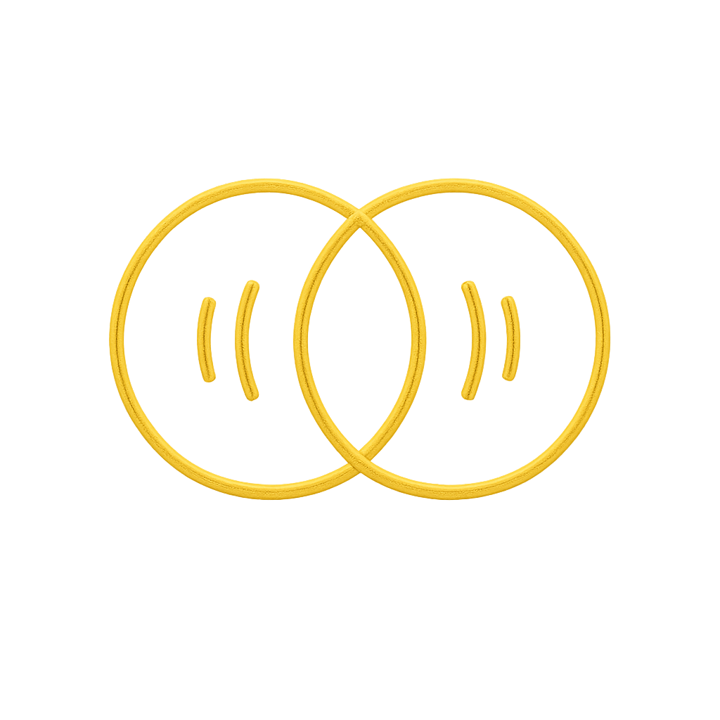 Two overlapping golden circles with mirrored soundwaves, symbolizing resonance between fields.