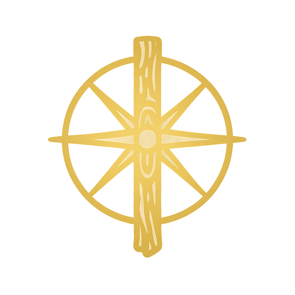 Golden tree trunk as a spine merged with a compass symbol, representing grounded guidance
