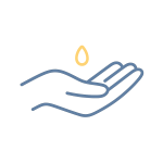 Minimalist icon of an open hand outline with a small glowing seed resting in the palm, symbolizing connection and invitation