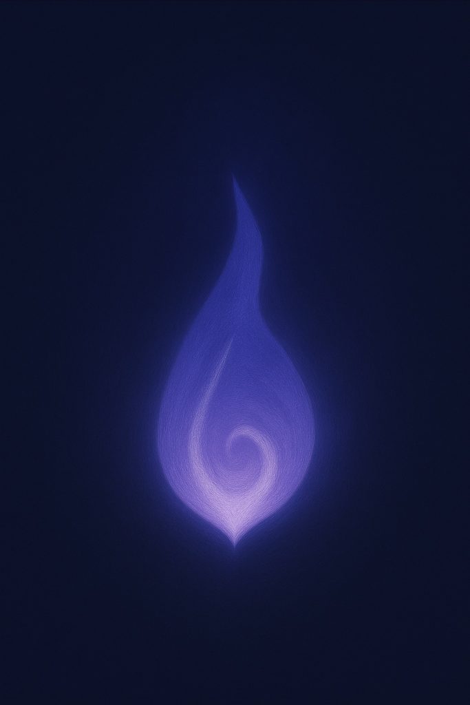 A single, stylized golden flame glows gently against a deep violet-blue background — evoking stillness, warmth, and quiet presence.