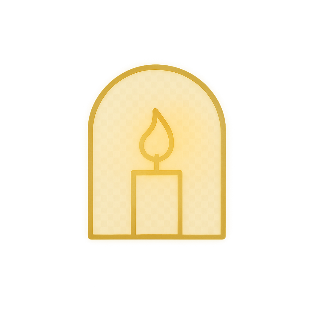 Candle glowing in soft fog, framed by a faint doorway, symbolizing sanctuary in transitions.
