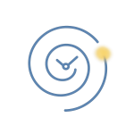 Minimalist icon of a spiral-shaped clock face with a subtle clock hand, one spiral curve highlighted in gold to suggest harmony in timing.